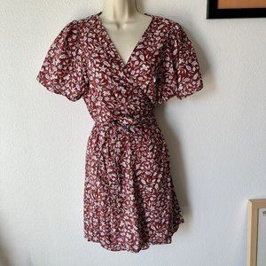 Madewell Sz XL Red Floral Mini Wrap Dress Flutter Sleeve 100% Cotton Lightweight